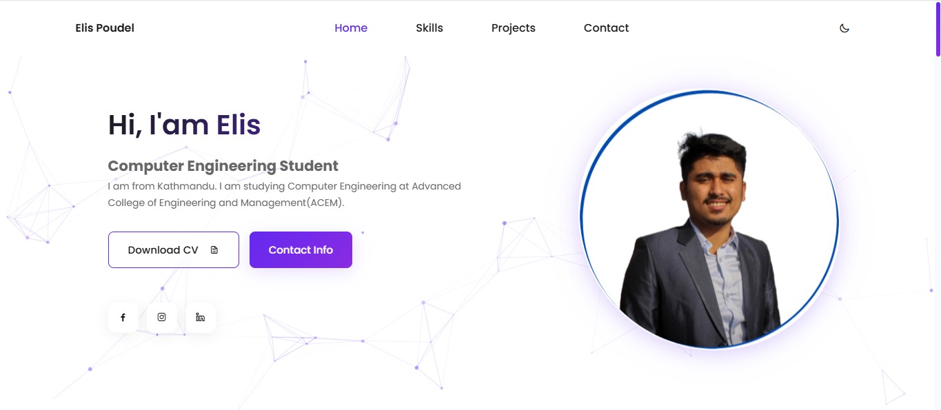 Elis Poudel Portfolio Website homepage showing personal branding and projects